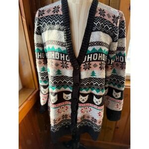 Absolutely Famous Women Ugly Christmas Sweater Cardigan Cat Snowflakes Ho HoHo L